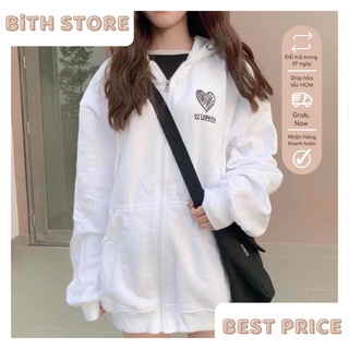 Áo khoác nỉ dây kéo form rộng có mũ phong cách Hàn Quốc thêu tim cực xịn unisex