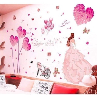 Decal dán tường, tranh dán tường trái tim hồng và cô dâu