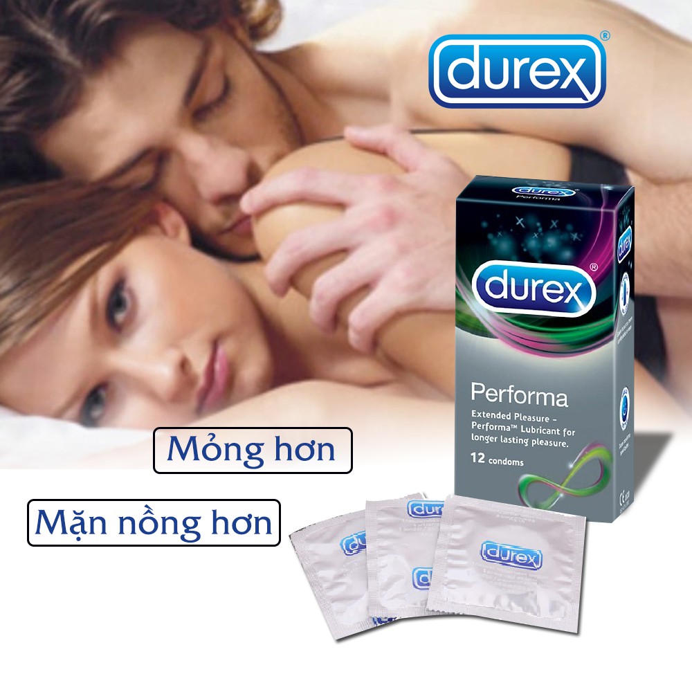 [CHÍNH HÃNG] BAO CAO SU DUREX PERFORMA HỘP 12 BAO, Chứa Chất Bôi Trơn giúp kéo dài thời gian quan hệ.