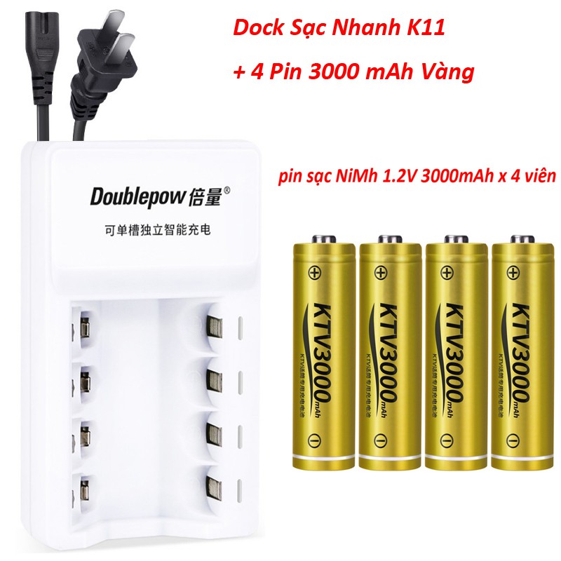 Combo Dock Sạc Nnanh và 4 Pin Sạc NiMh AA 3000mAh/3200mAh 1.2V MiCro Karaoke Doublepow 2A Có LED Báo Đầy Tự Ngắt