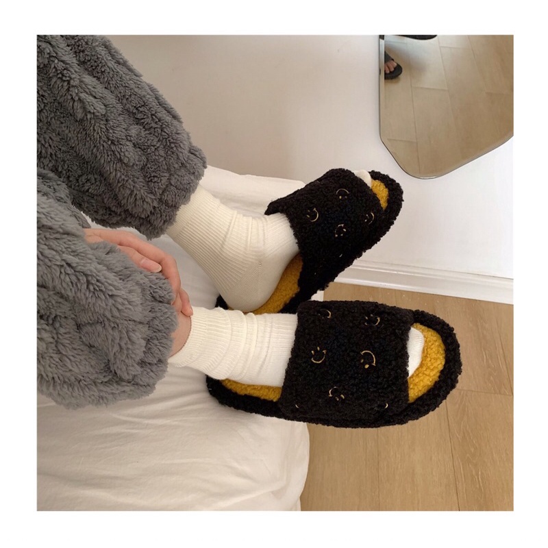 Dép bông hở mũi thêu hình mặt cười đi trong nhà cho cả nam và nữ kèm ảnh thật