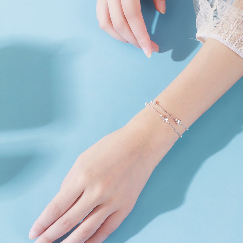 Vòng tay bạc 925 hai lớp thiết kế hình ngôi sao đơn giản thời trang cho nữ