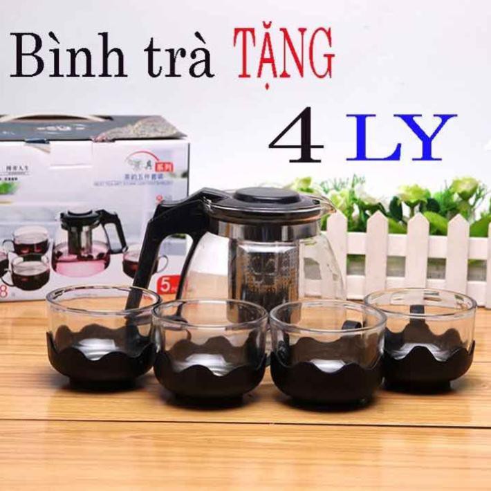 Bộ Bình Lọc Trà Thủy Tinh Kèm 4 Ly Lưới Lọc Inox 304 Tiện Dụng