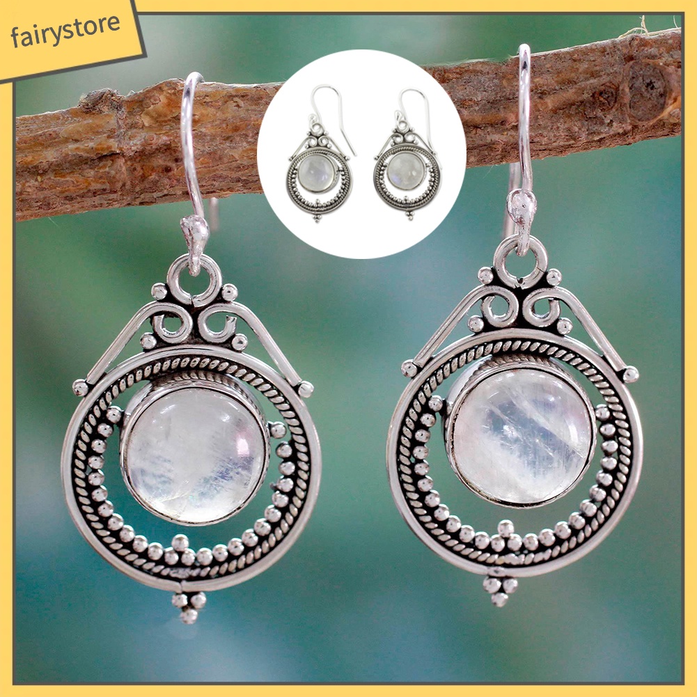 Bông tai kim loại đính đá mặt trăng nhân tạo vintage cho nữ