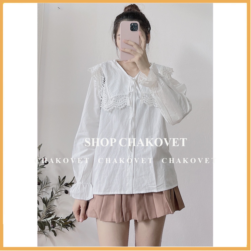 Áo kiểu nữ cổ tròn thắt nơ dây màu trắng cka833, kiểu áo sơ mi cổ bèo viền ren đẹp cá tính sành điệu freesize<55kg | BigBuy360 - bigbuy360.vn