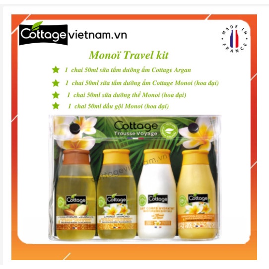 Bộ du lịch 4 chai Sữa tắm, dầu gội, dưỡng thể Cottage 50ml - Pháp - tặng túi đựng mini