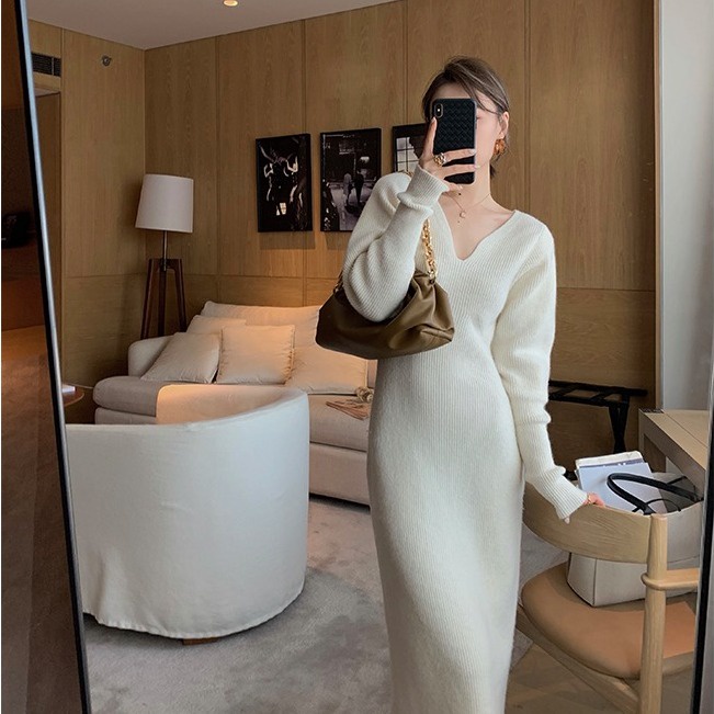SUXI Đầm midi tay dài cổ chữ V dáng ôm thời trang mùa thu phong cách Hàn Quốc thanh lịch cho nữ