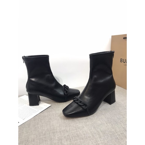 Giày boot nữ da mềm 2021 B SHOES, boot thấp cổ lót nỉ khóa sau, mũi vuông, dây xích siêu thời trang, cao 5p B12