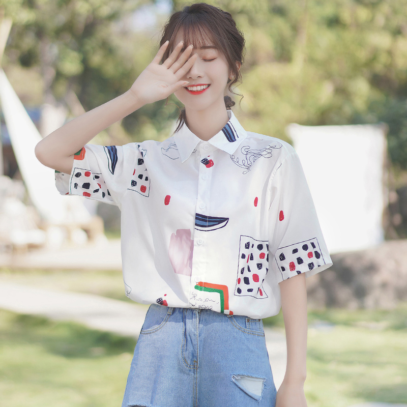 Women's White Polo Collar Printed Chiffon Blouse Loose Korean Fashion Summer Short Sleeve Shirt Tops | BigBuy360 - bigbuy360.vn