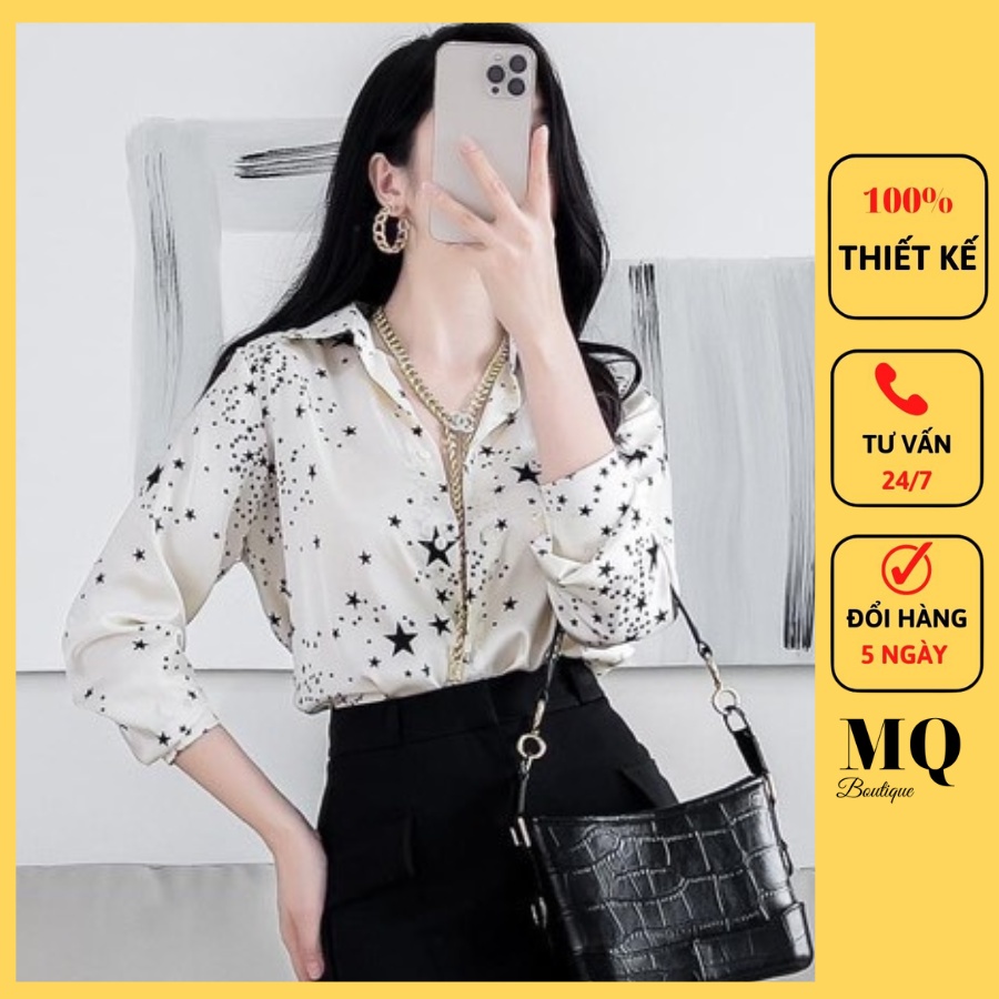 Áo sơ mi nữ lụa dài tay cao cấp công sở họa tiết sao đen nền trắng sữa cao cấp, áo sơmi họa tiết thiết kế MQ Boutique