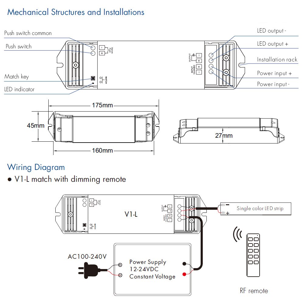 Công Tắc Điều Khiển Đèn Led V1-L 12v 24v 1ch 15a Pwm 0-100% Wifi Rf 2.4g