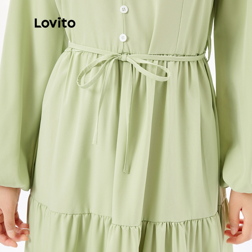 Đầm dạ hội Lovito xếp nếp tốt cổ chữ V màu trơn phong cách thường ngày L26ED055 (màu xanh lá nhạt)