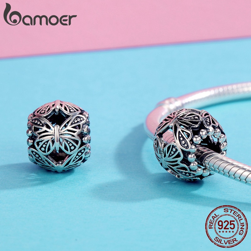 Hạt charm Bamoer mạ bạc 925 khắc hình bướm dùng làm vòng tay diy