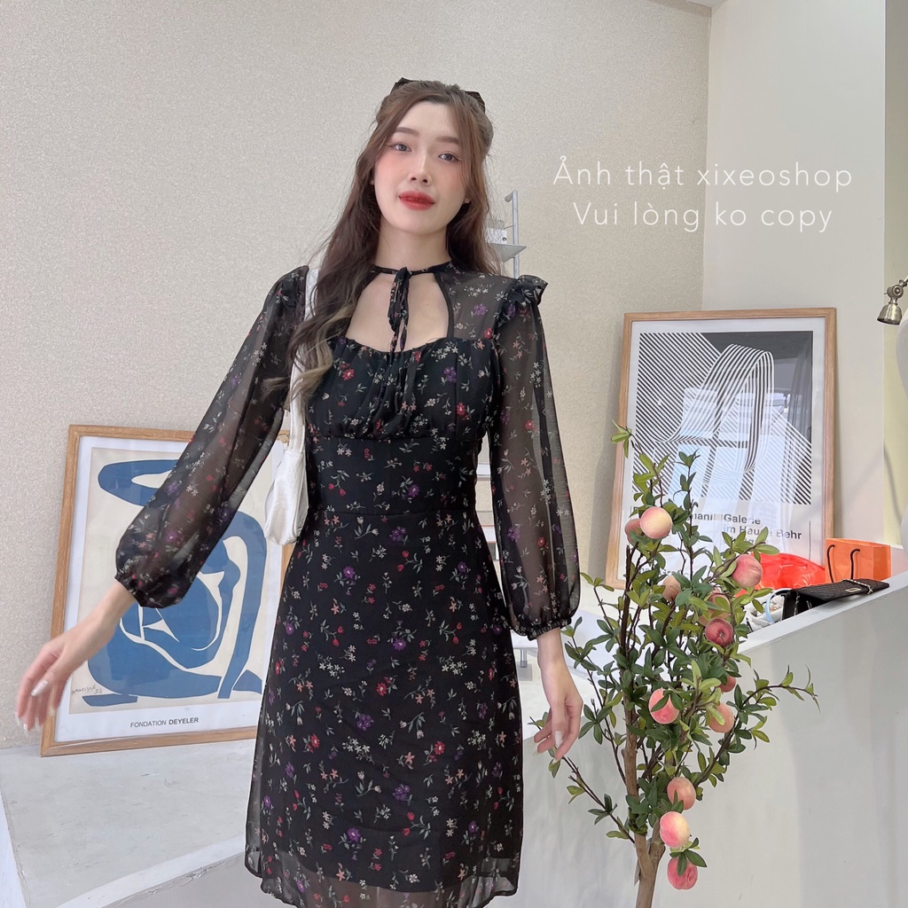 Váy hoa nhí voan, đầm nơ cổ khoét ngực dáng xoè Hàn Quốc xixeoshop - v85 | BigBuy360 - bigbuy360.vn