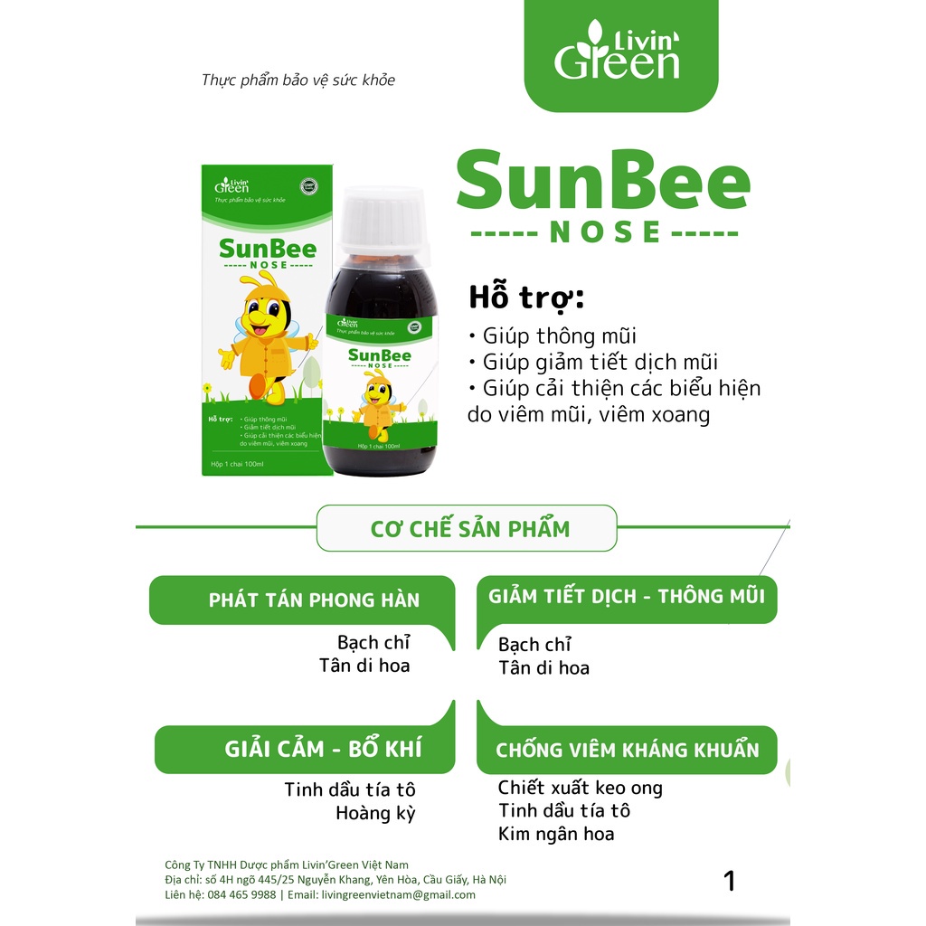 Siro SunBee Nose Giúp Giảm Tiết Dịch Mũi Giúp Thông Mũi Hỗ Trợ Giảm Các Triệu Chứng Sổ Mũi, Nghẹt Mũi - Chai 120ml