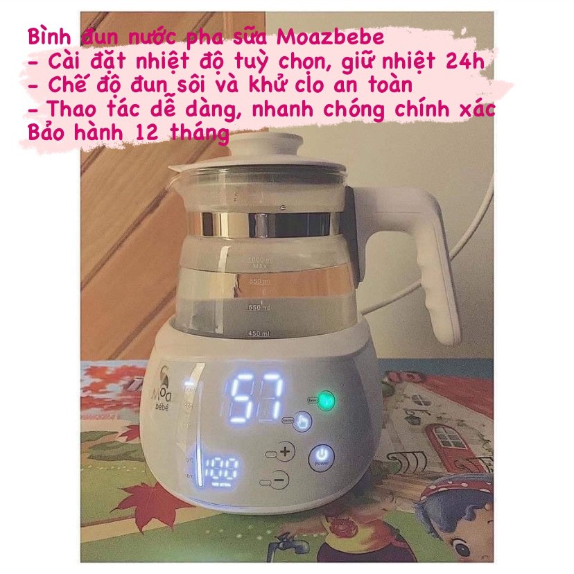 Ấm Đun Nước/ Bình Đun Nước Moaz bébé BPA Free, Có Chế Độ Khử Clo Thông Minh [Hàng Chính Hãng, BH 12 Tháng]