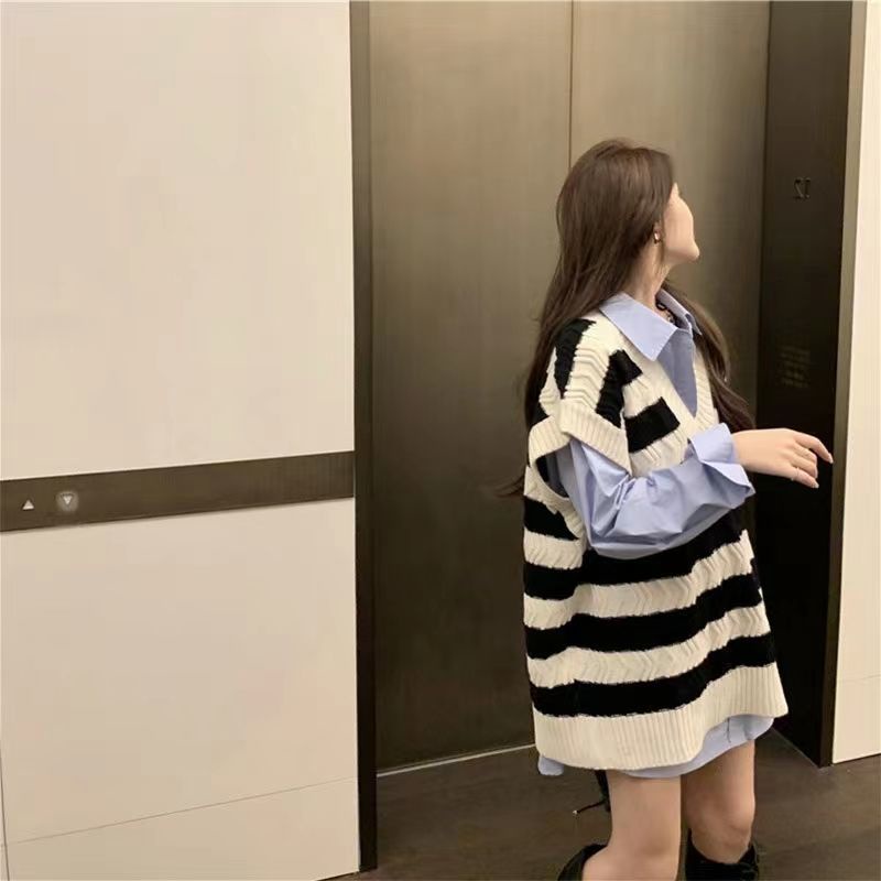 Áo Len Không Tay Họa Tiết Kẻ Sọc Thời Trang Thu Đông Dễ Phối Đồ Cho Nữ