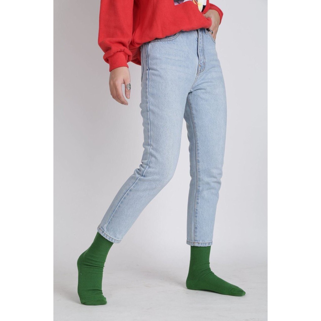 Quần Mom Jeans Nữ Lưng Cao Màu Xanh Sáng M-01