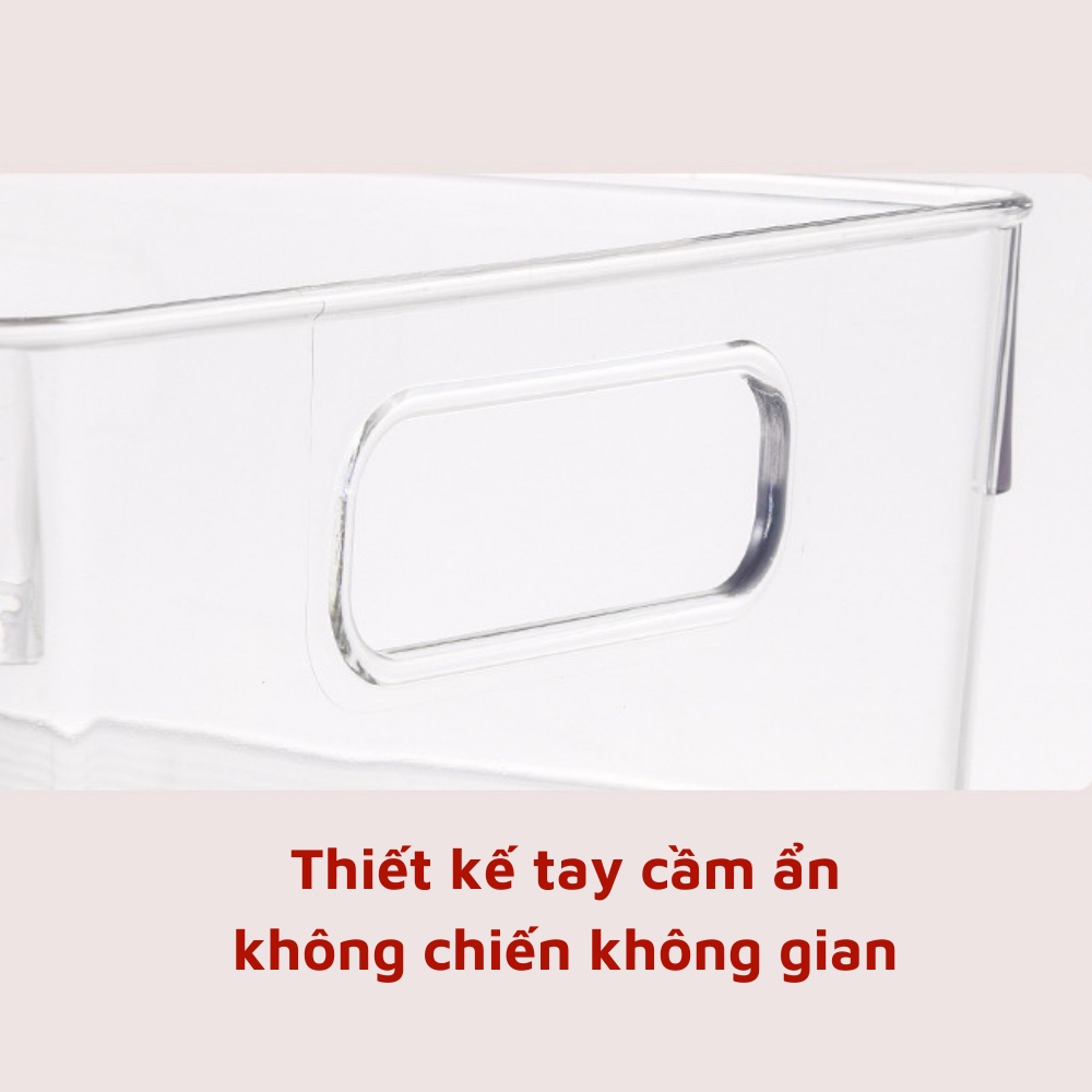 Khay nhựa đựng đồ đa năng trong suốt không nắp có tay cầm kéo tiện lợi để đồ tủ lạnh nhà bếp mỹ phẩm nhà tắm