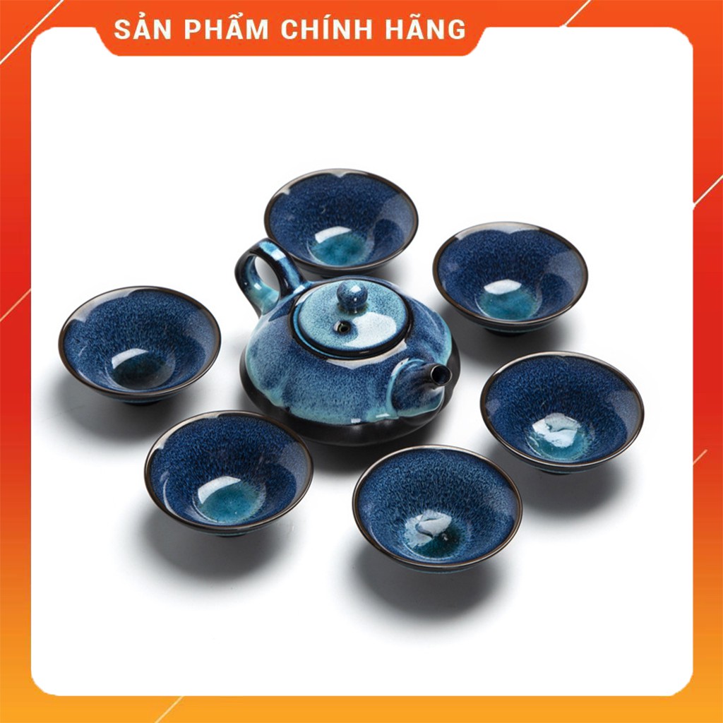Bộ Ấm Chén Pha Trà Men Hỏa Biến 7 Món Cao Cấp ( 1 ấm + 6 Chén Nón ) - Kèm Hộp Túi