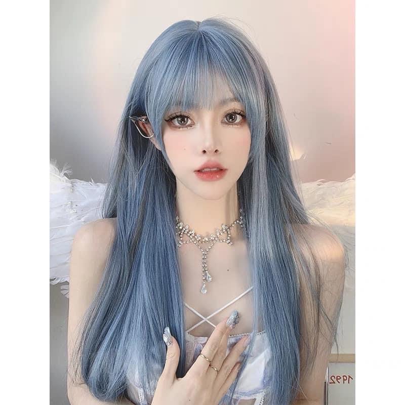tóc giả thẳng xanh dương line đen❤️ free ship 50k❤️ tặng lưới chùm tóc