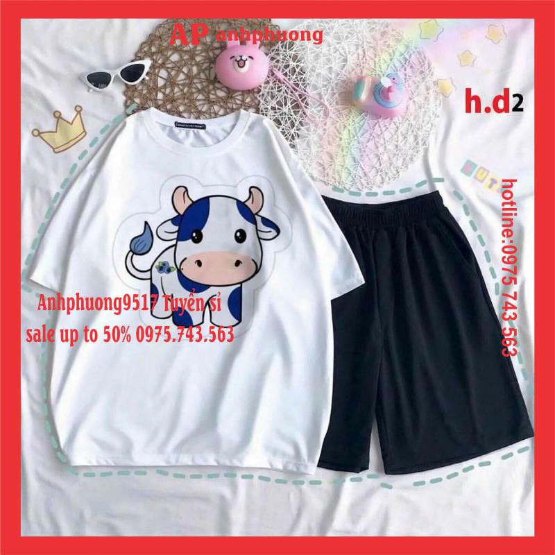 SÉT Đồ bộ Nam nữ Áo Bò Sữa Kute + quần short; set áo thun tay lỡ +quần đùi Unisex phong cách Ullzzang Hàn Quốc