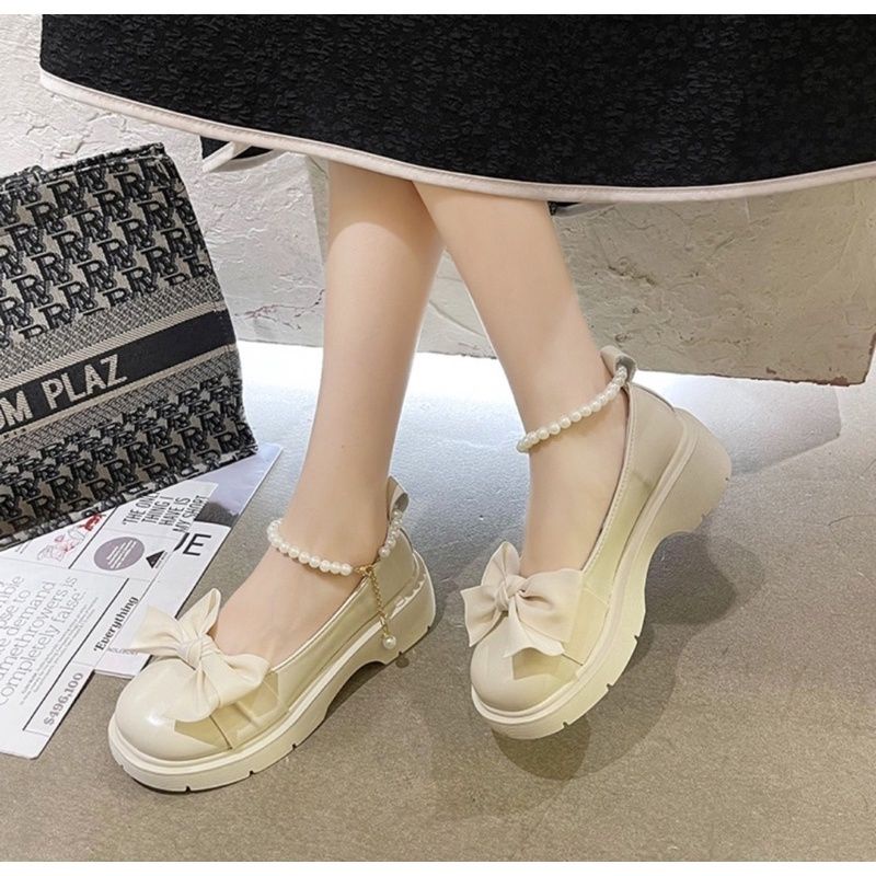 Giày Lolita Nữ Quai Ngọc Mũi Nơ, Phong Cách Hàn Quốc