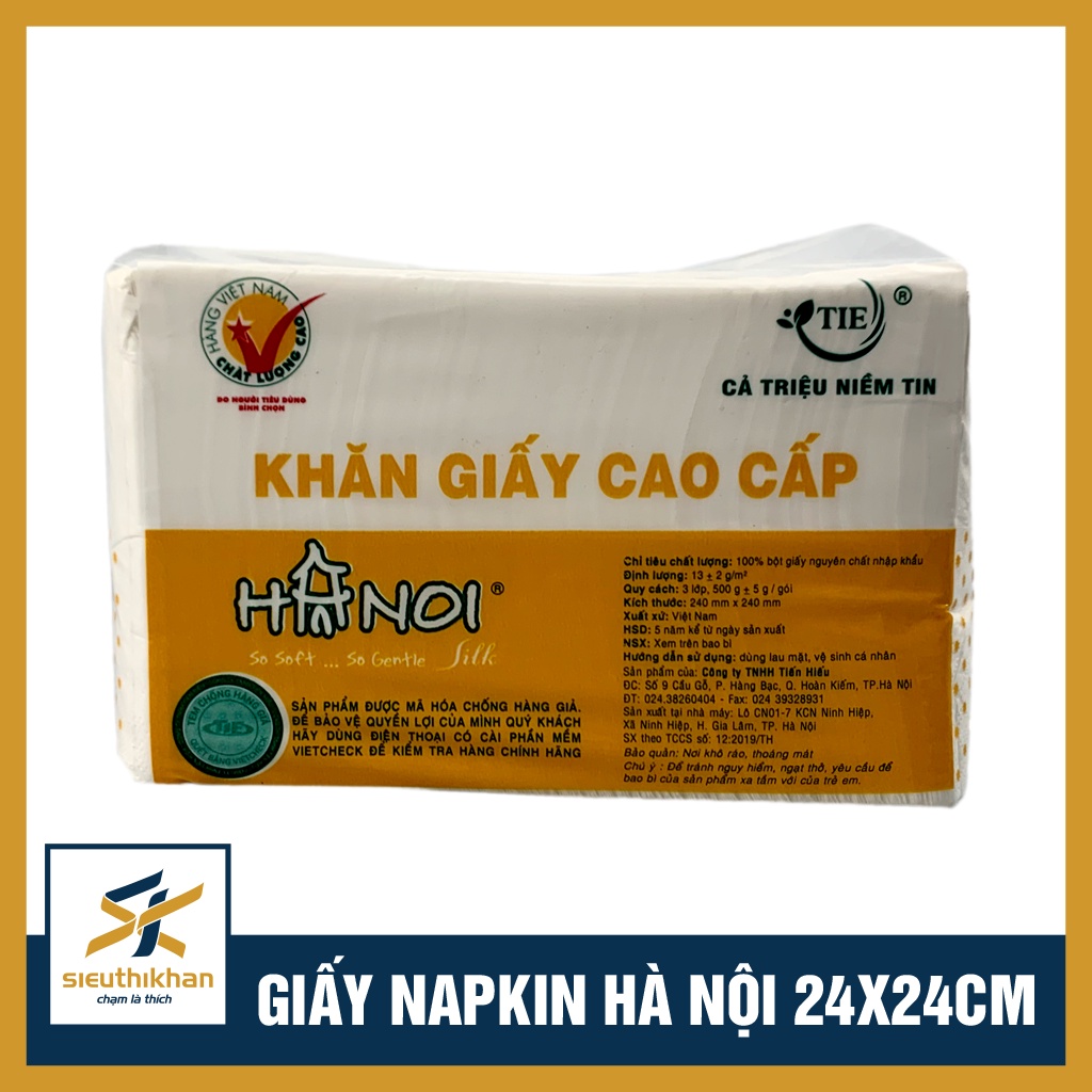 Giấy ăn Napkin Hà Nội Silk kích thước 24x24cm, 3 lớp, 100% bột giấy nhập khẩu