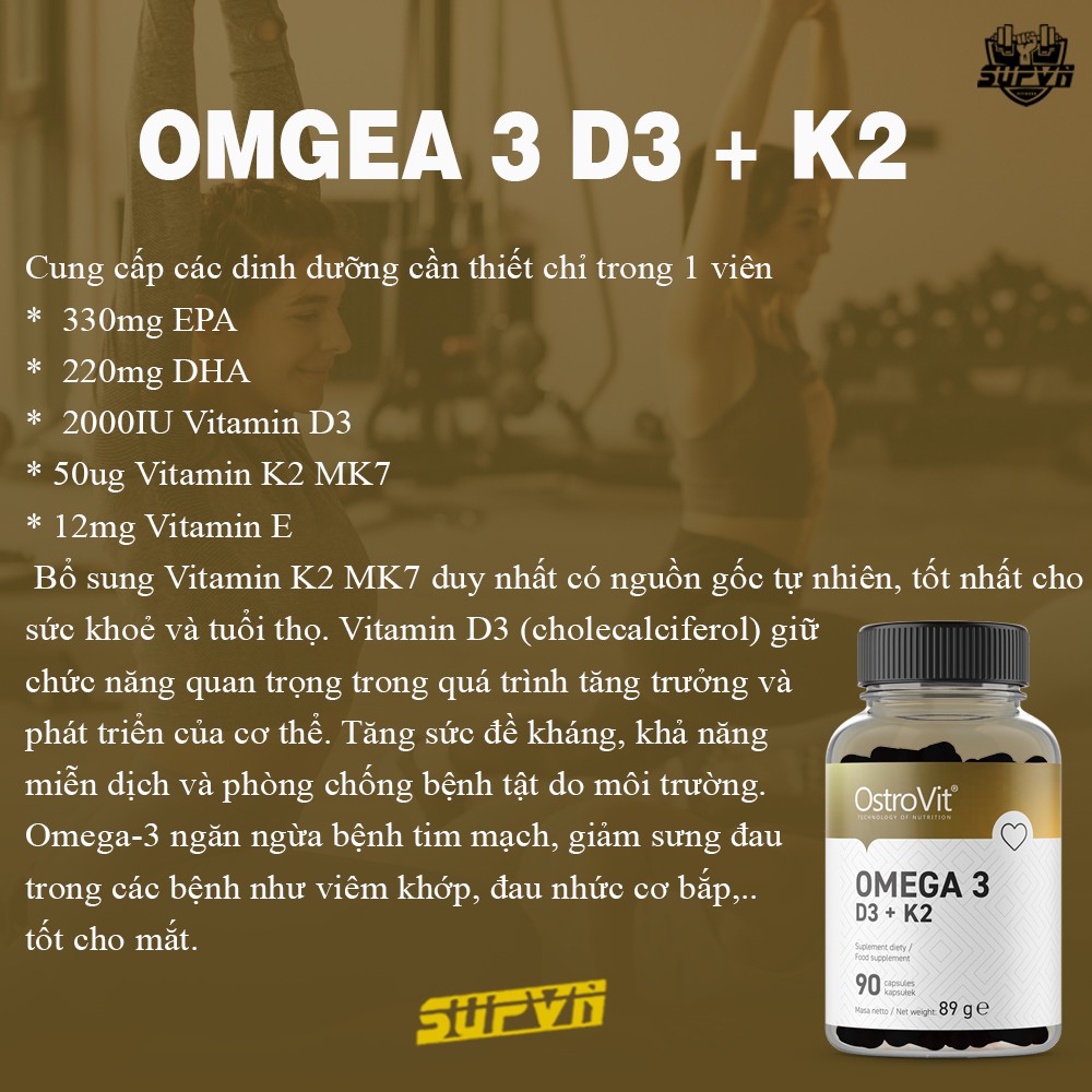 Dầu cá Omega 3 D3 K2 Ostrovit - Hỗ trợ sức khỏe toàn diện bổ trợ xương khớp và hệ miễn dịch - Fish oil 90 viên