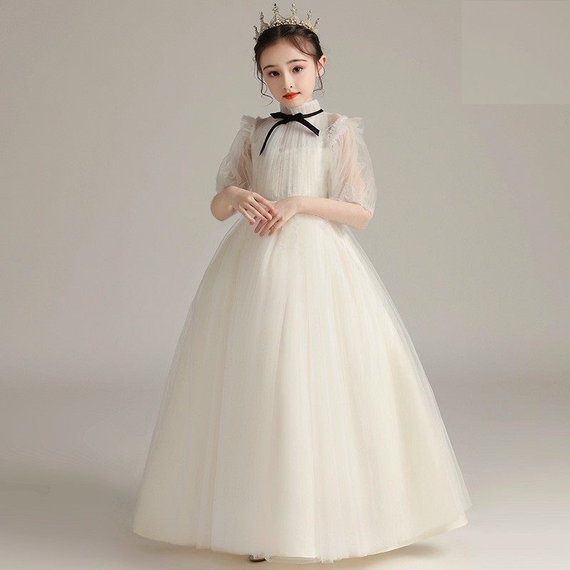 Váy công chúa bé gái thiết kế cao cấp cho bé đi dự tiệc phù dâu siêu xòe màu trắng tay phồng nơ đen DBG063