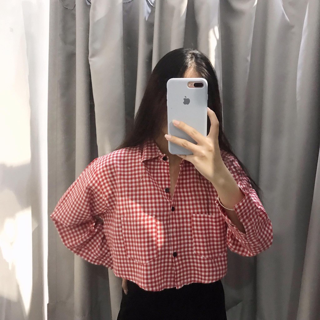 ÁO SƠ MI CARO CROPTOP TAY DÀI 2 TÚI