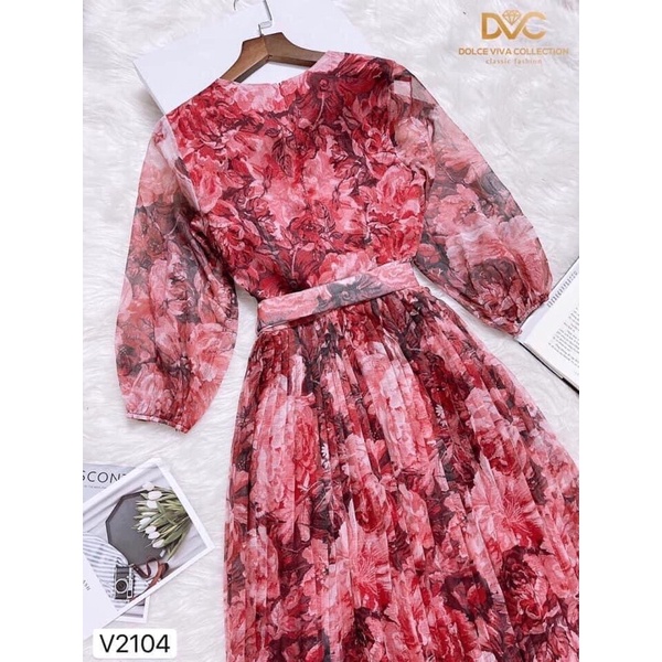 V2104 váy voan hoa dài tay màu đỏ