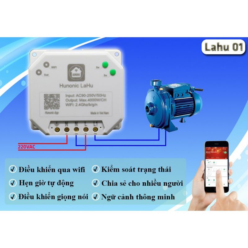 Công tắc wifi điều khiển từ xa qua điện thoại HUNONIC LaHu01 4000W