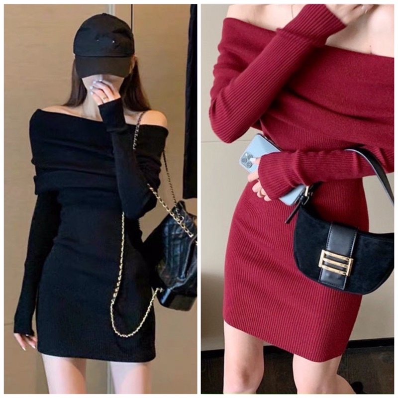 Đầm Body Bẹt Vai Gân Tăm 🦋FREESHIP 🦋 Váy Body 2 Màu Siu Cưng, Chất Dày Dặn Chuẩn From