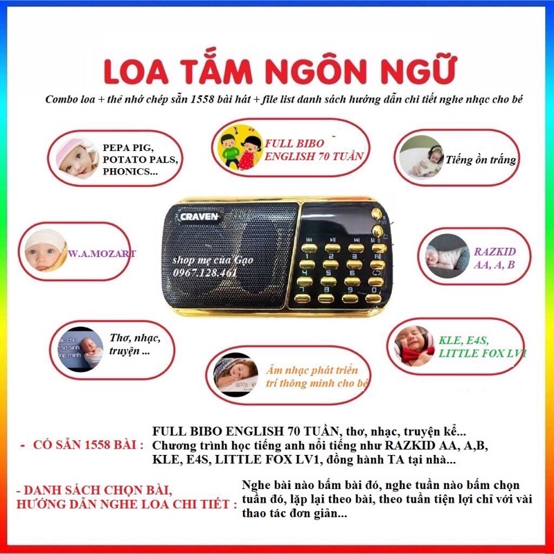 Loa nghe tắm ngôn ngữ bibo/ loa học tiếng anh bibo english caraven 3 pin 853