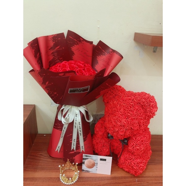 Bó hoa 30 bông sáp đỏ giấy vân sơn HQ - tặng kèm túi thiệp vươn miện