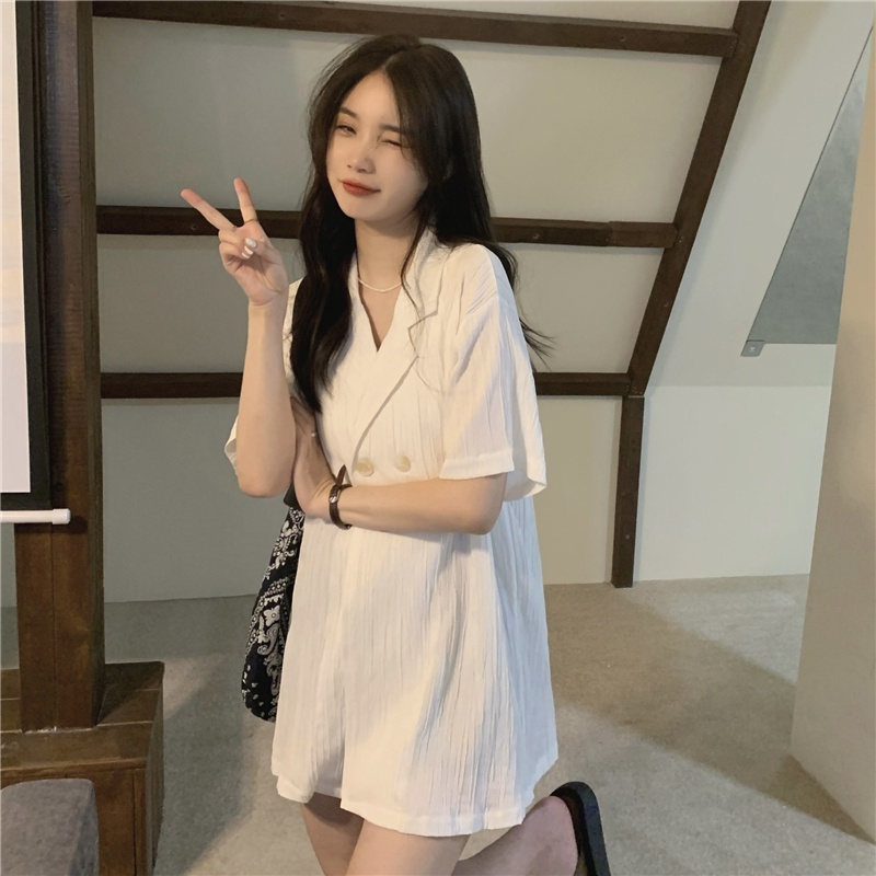Áo Khoác Blazer Ngắn Tay Dáng Rộng Thời Trang Retro Hàn Quốc Cho Nữ