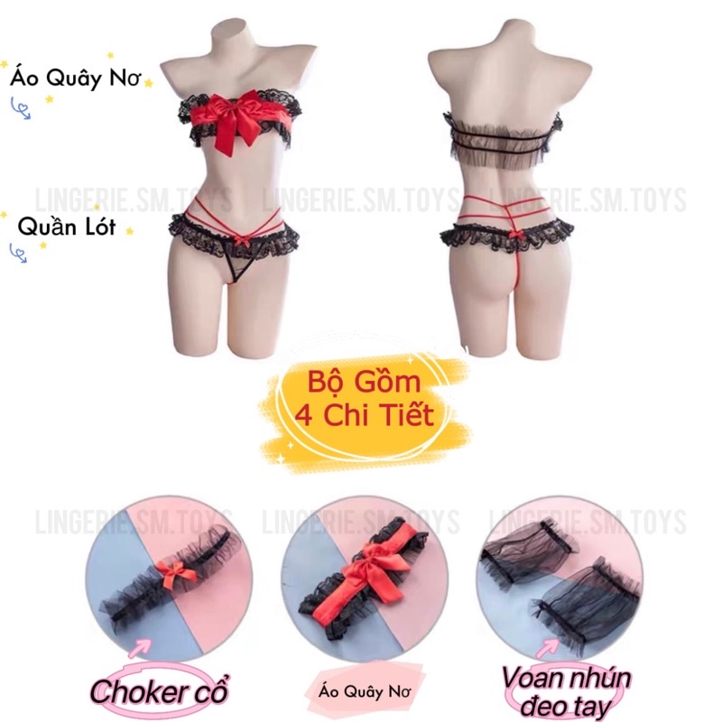 MY1782 - Set Nội Y Áo Quây Ren Voan Nơ Đỏ Nổi Bật - Kèm Nhiều Phụ Kiện Dễ Thương - Đồ Lót Nữ Gợi Cảm