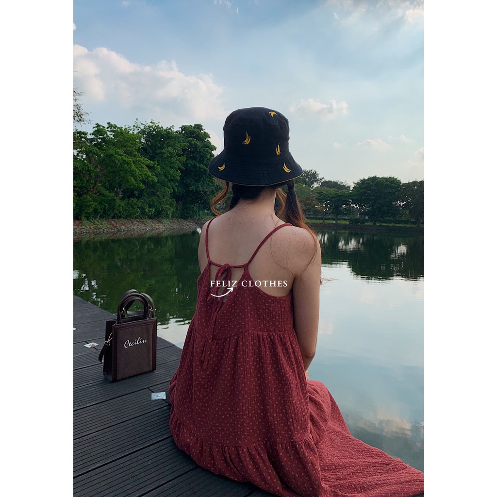 Đầm hai dây hoa nhí màu đỏ mận chất xô muslin cực fresh