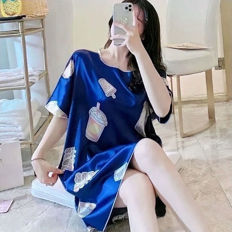 Váy ngủ cộc tay đầm ngủ dáng suông chất lụa satin cao cấp mềm mát đồ ngủ mặc nhà | BigBuy360 - bigbuy360.vn
