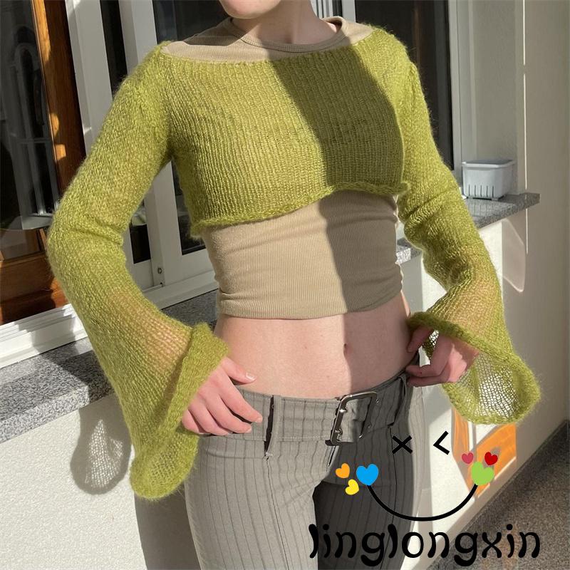 Áo Croptop Dệt Kim Tay Dài Phong Cách Harajuku Cổ Điển 90s Cho Nữ Linglongxi2-Y2K