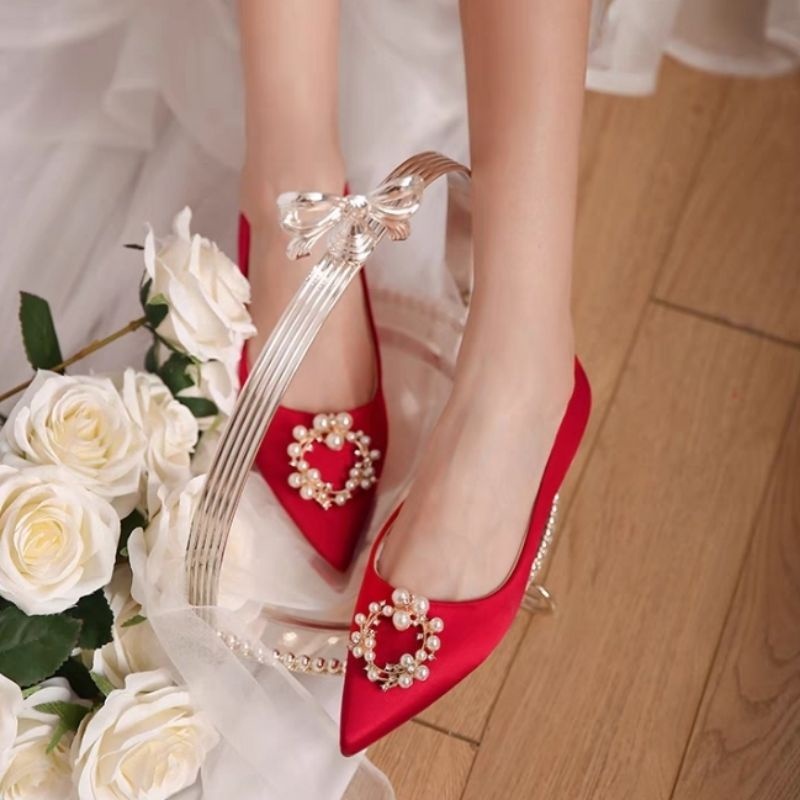 Giày Búp Bê Mũi Nhọn Đính Đá Ngọc Trai Giả Màu Trắng Size 33-44 Thời Trang Cho Cô Dâu