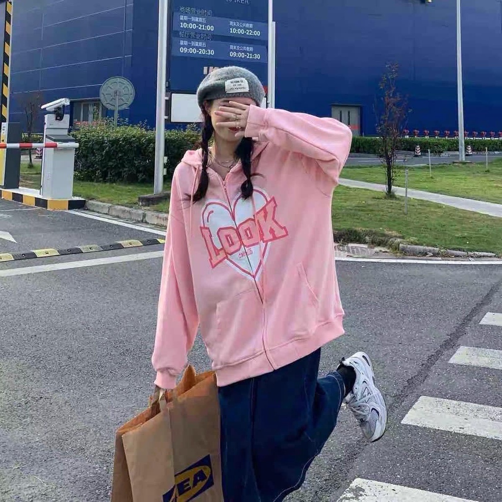 Áo Hoodie Hồng LooK Nữ [FREESHIP]  Hodie Mũ form rộng tay bồng, kiểu dáng vintage cá tính Ulzzang