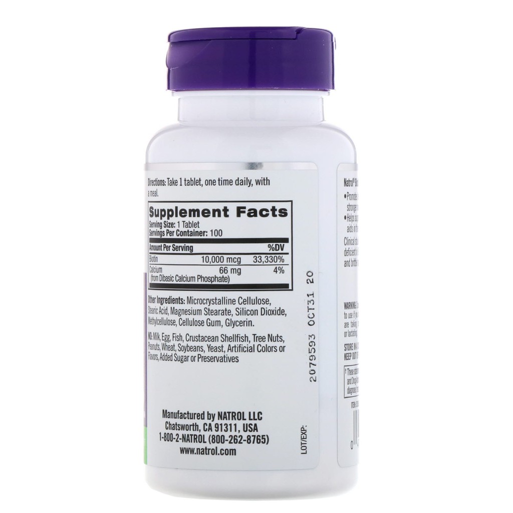 Natrol Biotin 10000mcg viên uống mọc tóc, chăm sóc tóc USA