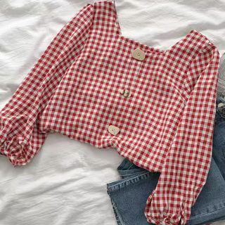 Áo ulzzang kẻ caro cổ vuông kèm ảnh thật