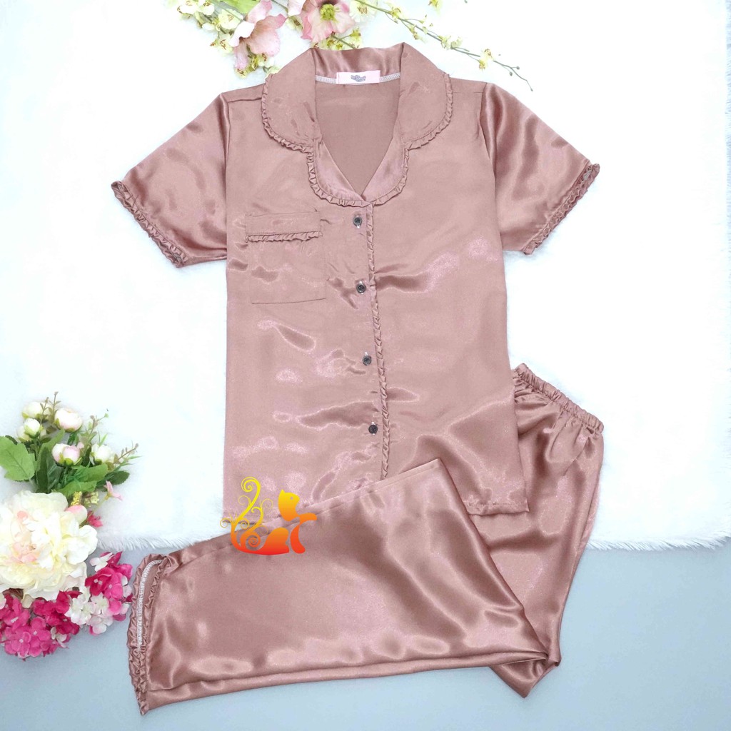 Đồ Bộ Mặc Nhà Pijama Phi Lụa " Viền Bèo " Quần Dài Cao Cấp - Dưới 60kg.