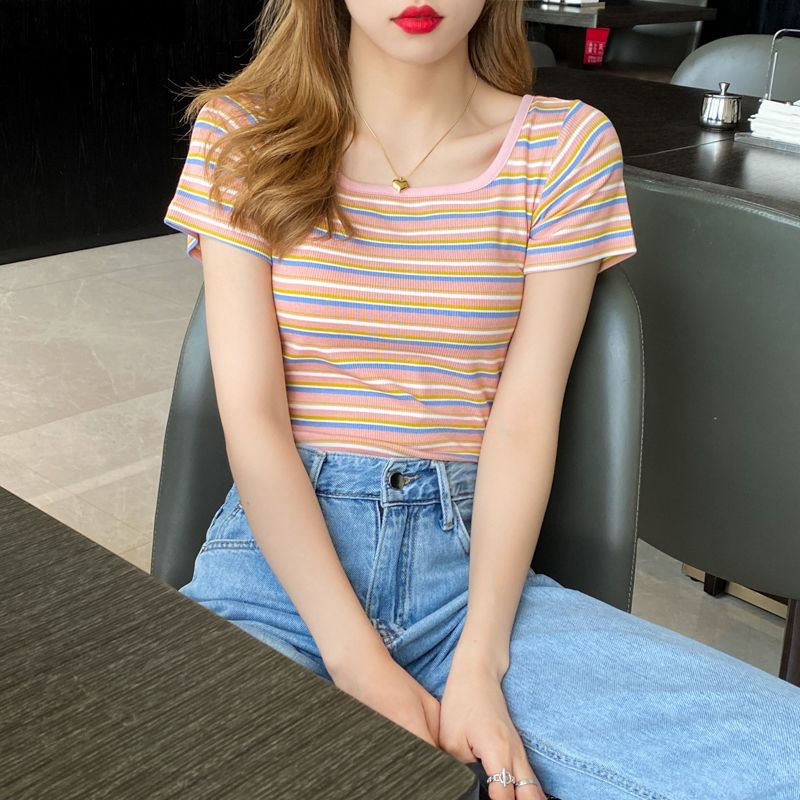 Áo thun BH cotton cổ vuông họa tiết kẻ sọc thời trang mùa hè 2021 cho nữ