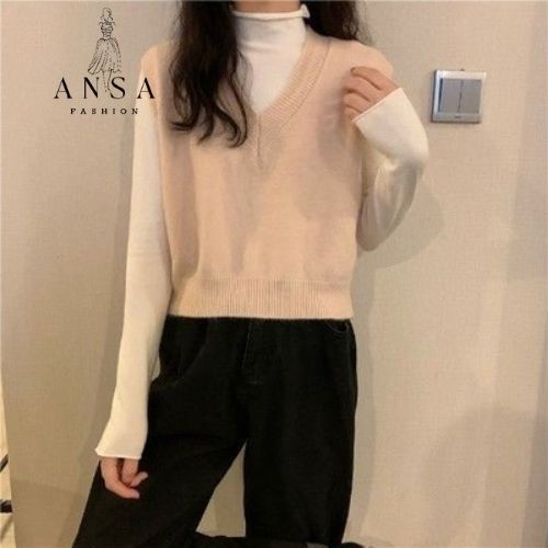 Áo len gile nữ kiểu dáng Hàn Quốc, áo gi lê nữ đen trắng xanh nâu | BigBuy360 - bigbuy360.vn