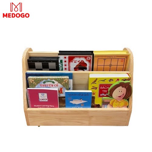 Kệ sách cỡ to MEDOGO 4 ngăn có bánh xe di chuyển tiện lợi chất liệu gỗ thông nhập khẩu an toàn cho bé
