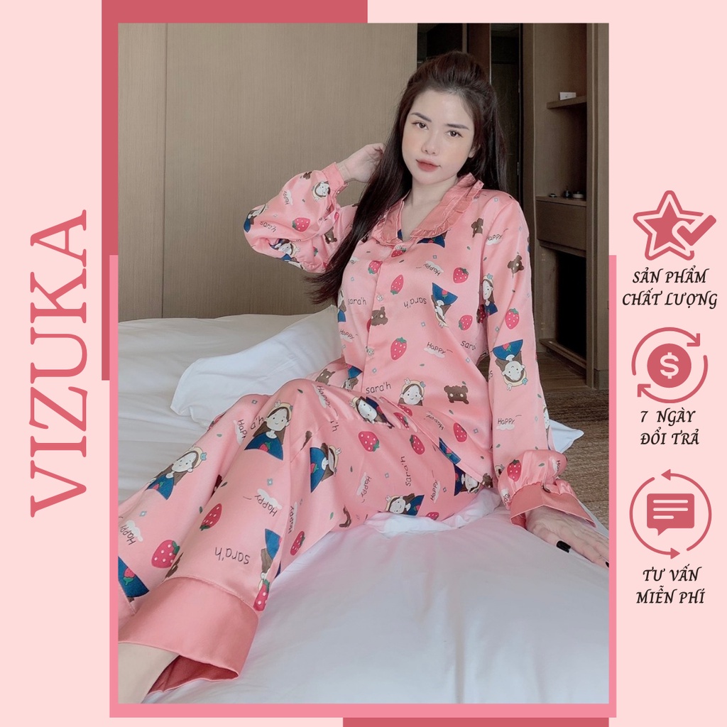 Đồ bộ nữ mặc nhà pijama lụa dài tay xinh xắn VIZUKA